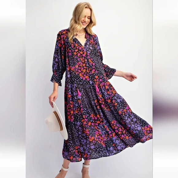 New Easel Floral Patchwork Print Rayon Gauze Long Sleeve Dress - Picture 5 of 5